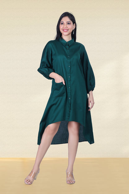 BOTTLE GREEN ASYMMETRICAL SHIRT DRESS