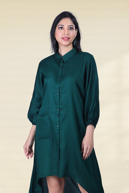 BOTTLE GREEN ASYMMETRICAL SHIRT DRESS