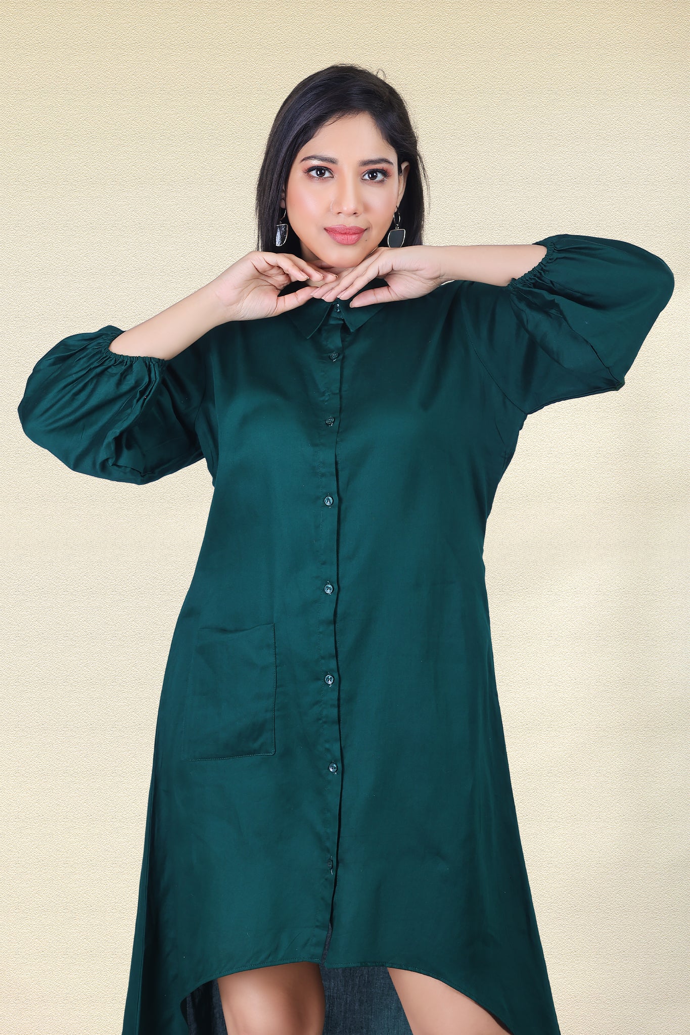 BOTTLE GREEN ASYMMETRICAL SHIRT DRESS