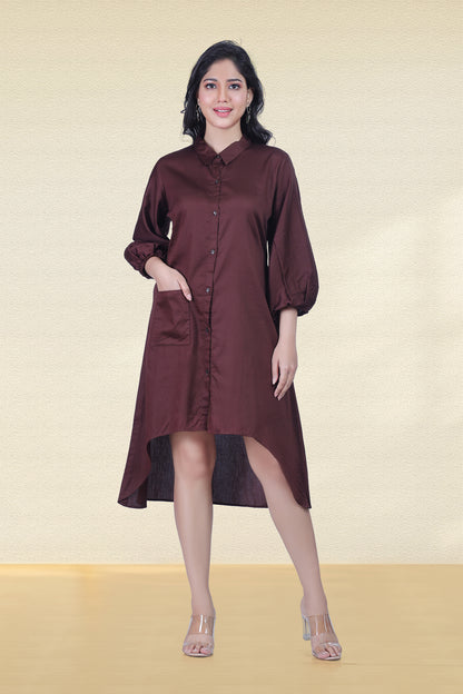 CHOCOLATE BROWN ASYMMETRICAL SHIRT DRESS