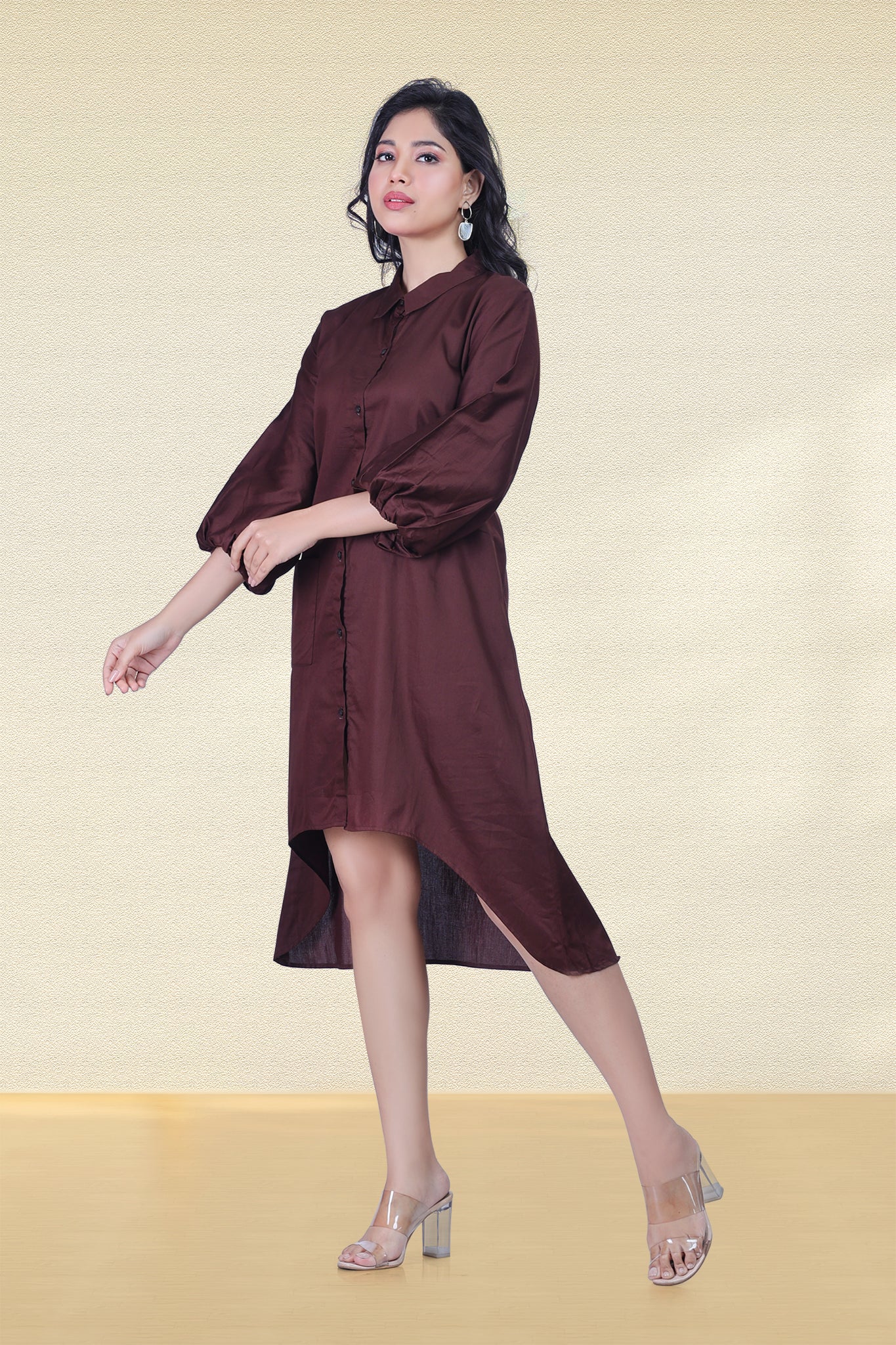 CHOCOLATE BROWN ASYMMETRICAL SHIRT DRESS