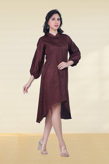 CHOCOLATE BROWN ASYMMETRICAL SHIRT DRESS