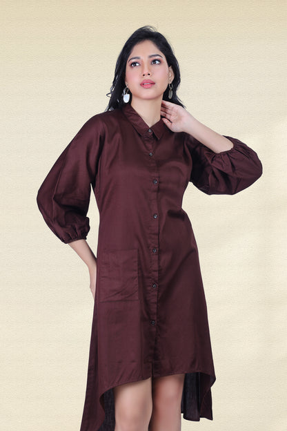 CHOCOLATE BROWN ASYMMETRICAL SHIRT DRESS