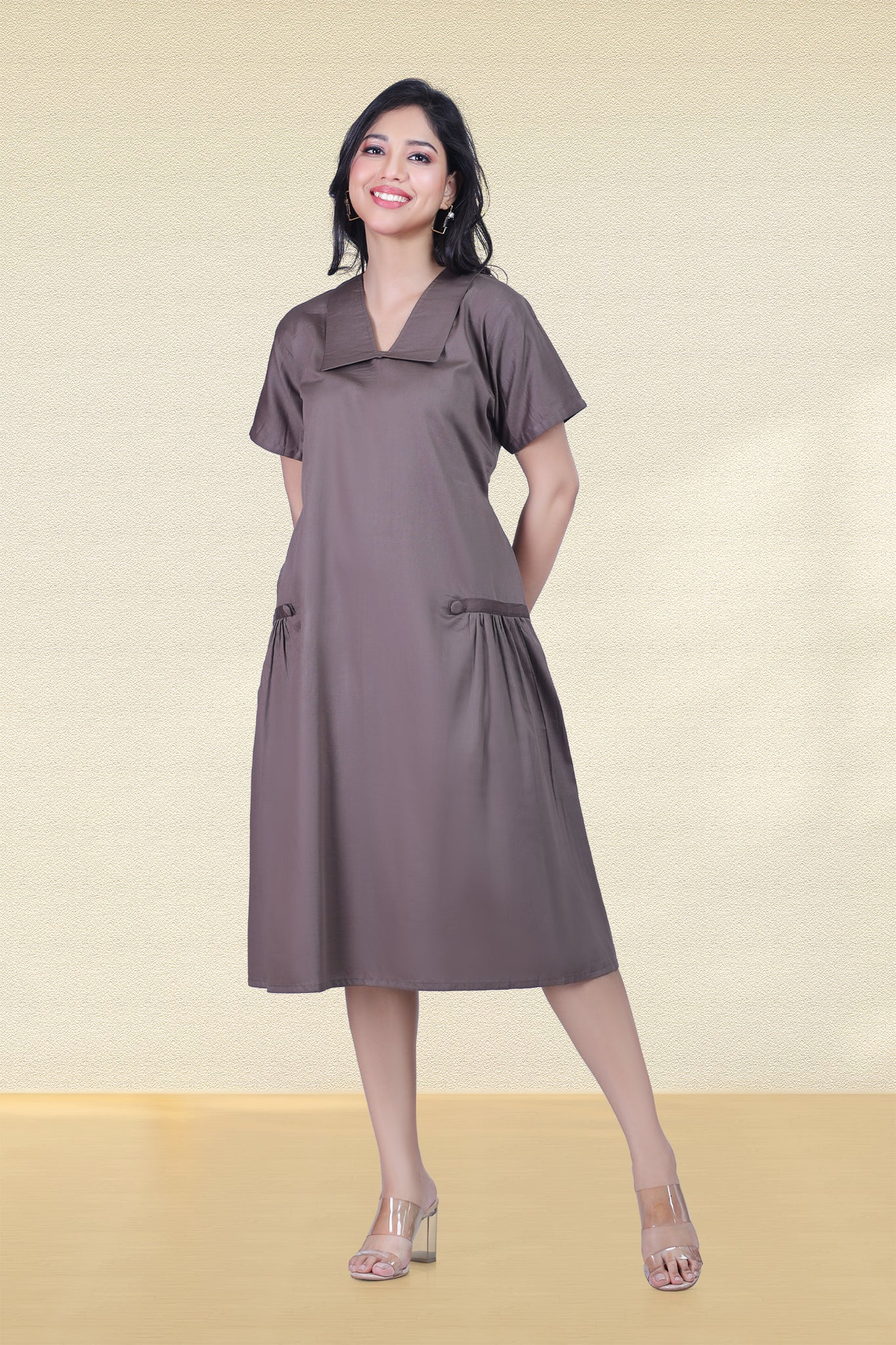 TAN BROWN PURITAN COLLAR DRESS