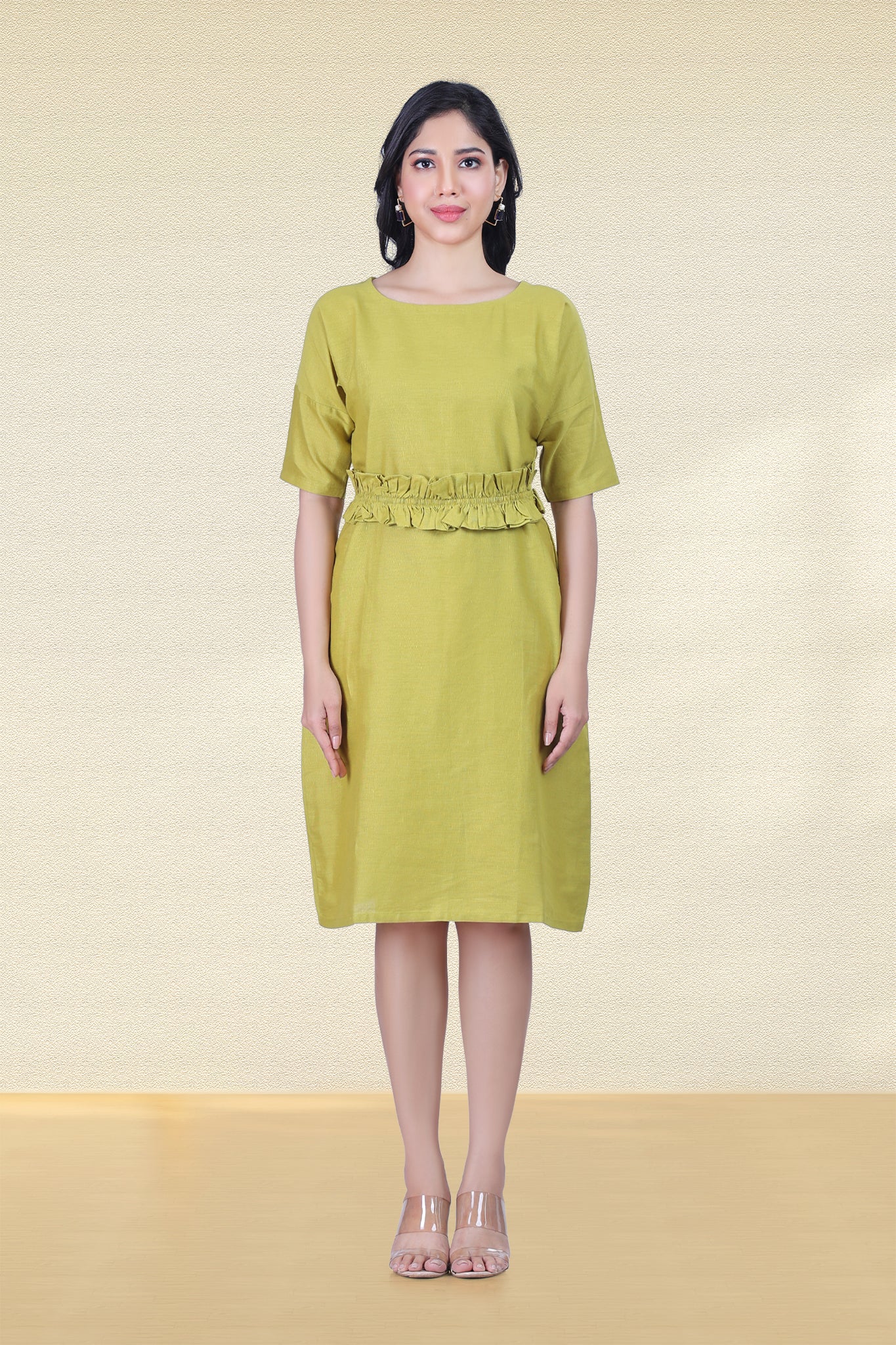 LIME GREEN RUFFLE WAIST-TIE DRESS