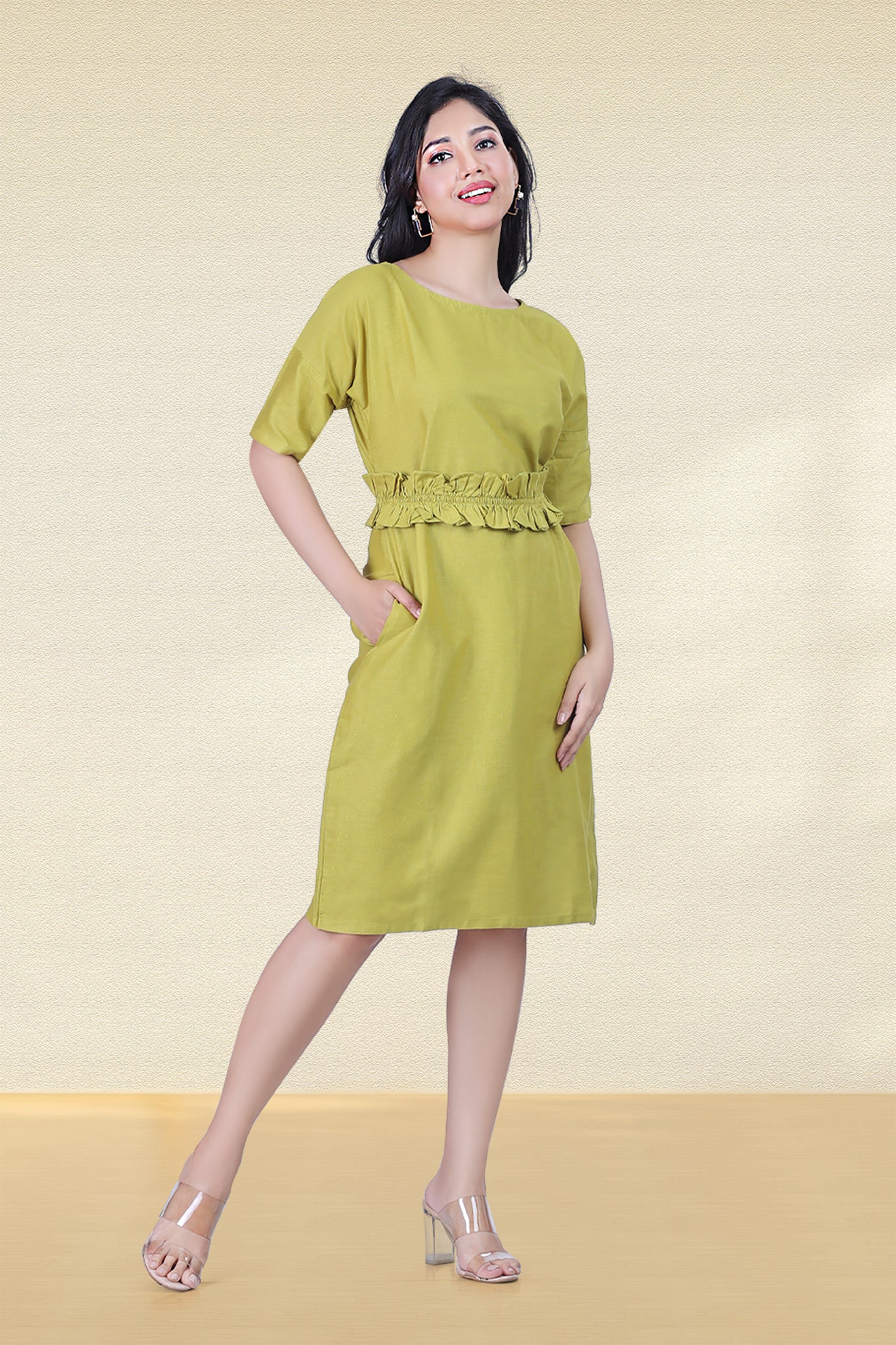 LIME GREEN RUFFLE WAIST-TIE DRESS