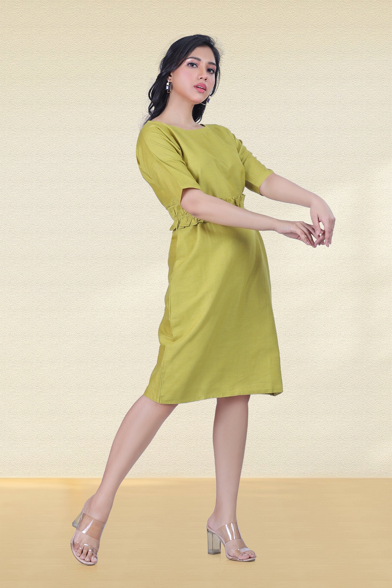 LIME GREEN RUFFLE WAIST-TIE DRESS