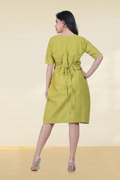 LIME GREEN RUFFLE WAIST-TIE DRESS