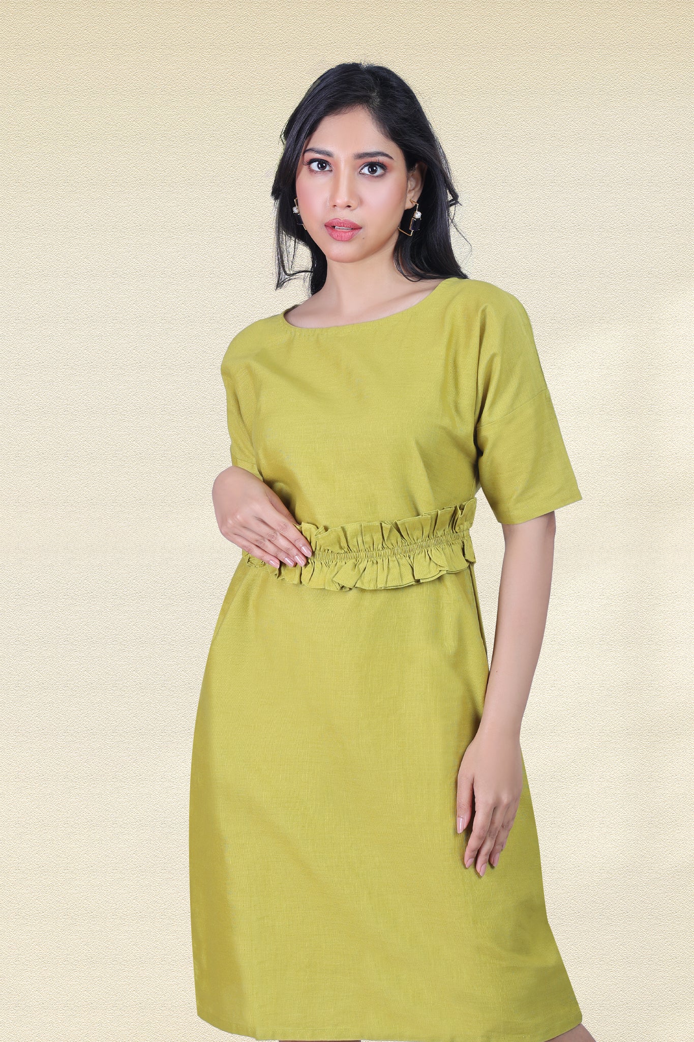 LIME GREEN RUFFLE WAIST-TIE DRESS