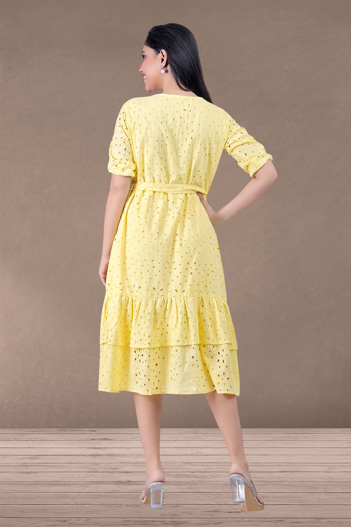 YELLOW SCHIFFLI MIDI DRESS