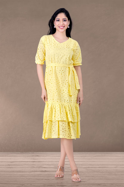 YELLOW SCHIFFLI MIDI DRESS