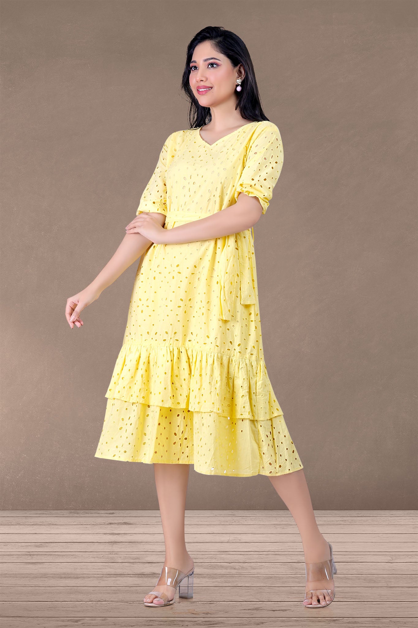 YELLOW SCHIFFLI MIDI DRESS