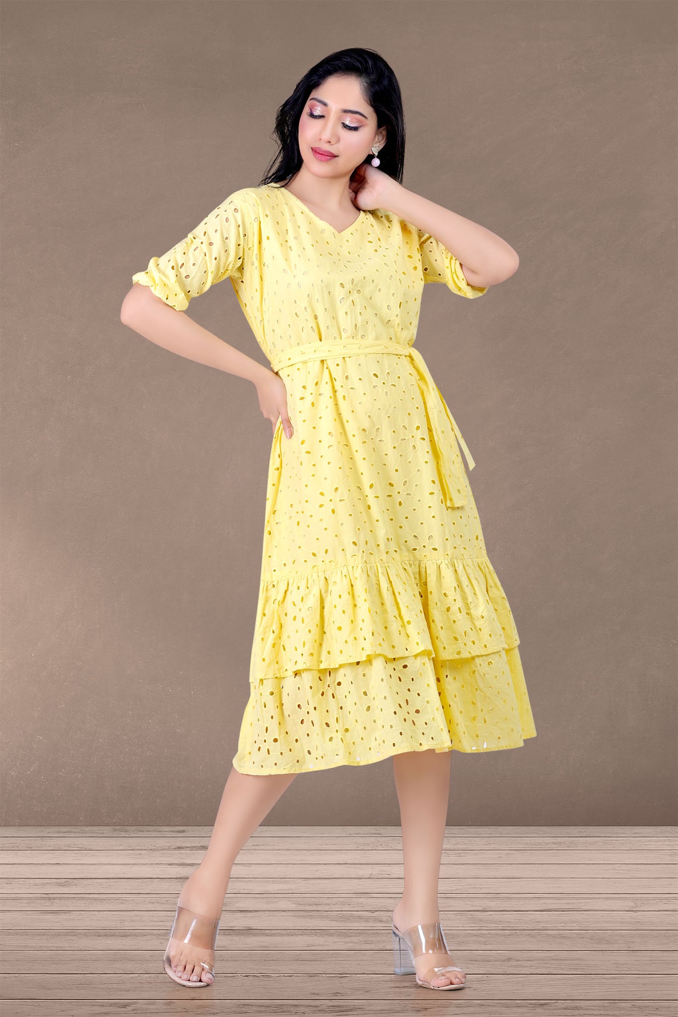 YELLOW SCHIFFLI MIDI DRESS