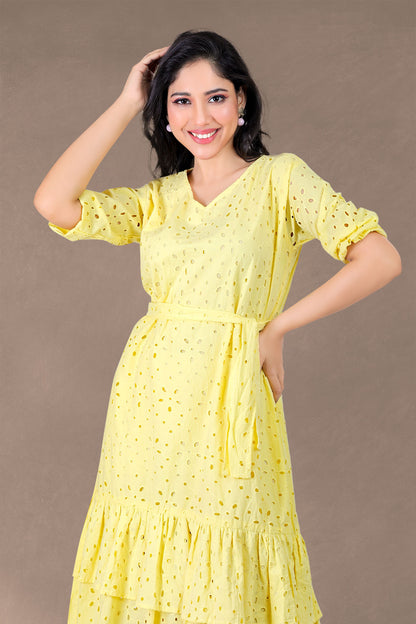 YELLOW SCHIFFLI MIDI DRESS