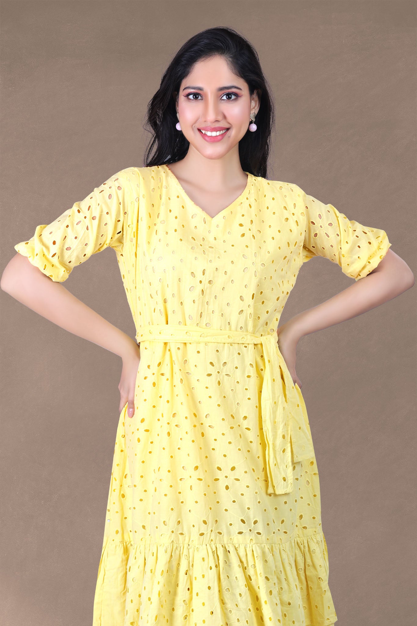 YELLOW SCHIFFLI MIDI DRESS