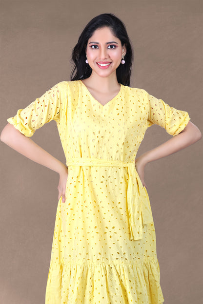 YELLOW SCHIFFLI MIDI DRESS