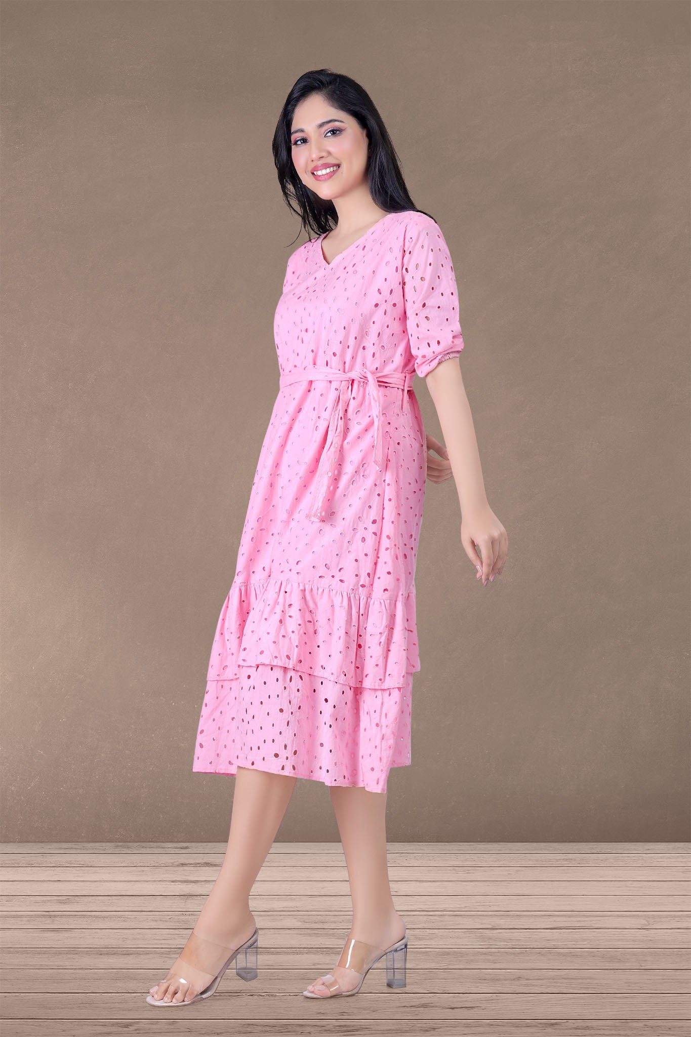 PINK SCHIFFLI MIDI DRESS