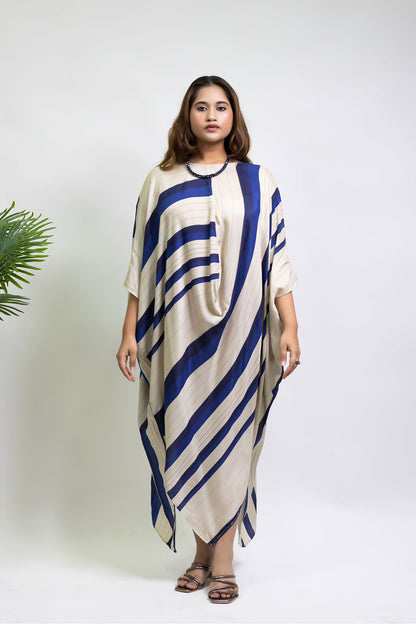 BEIGE BLUE STRIPES COWL TUNIC