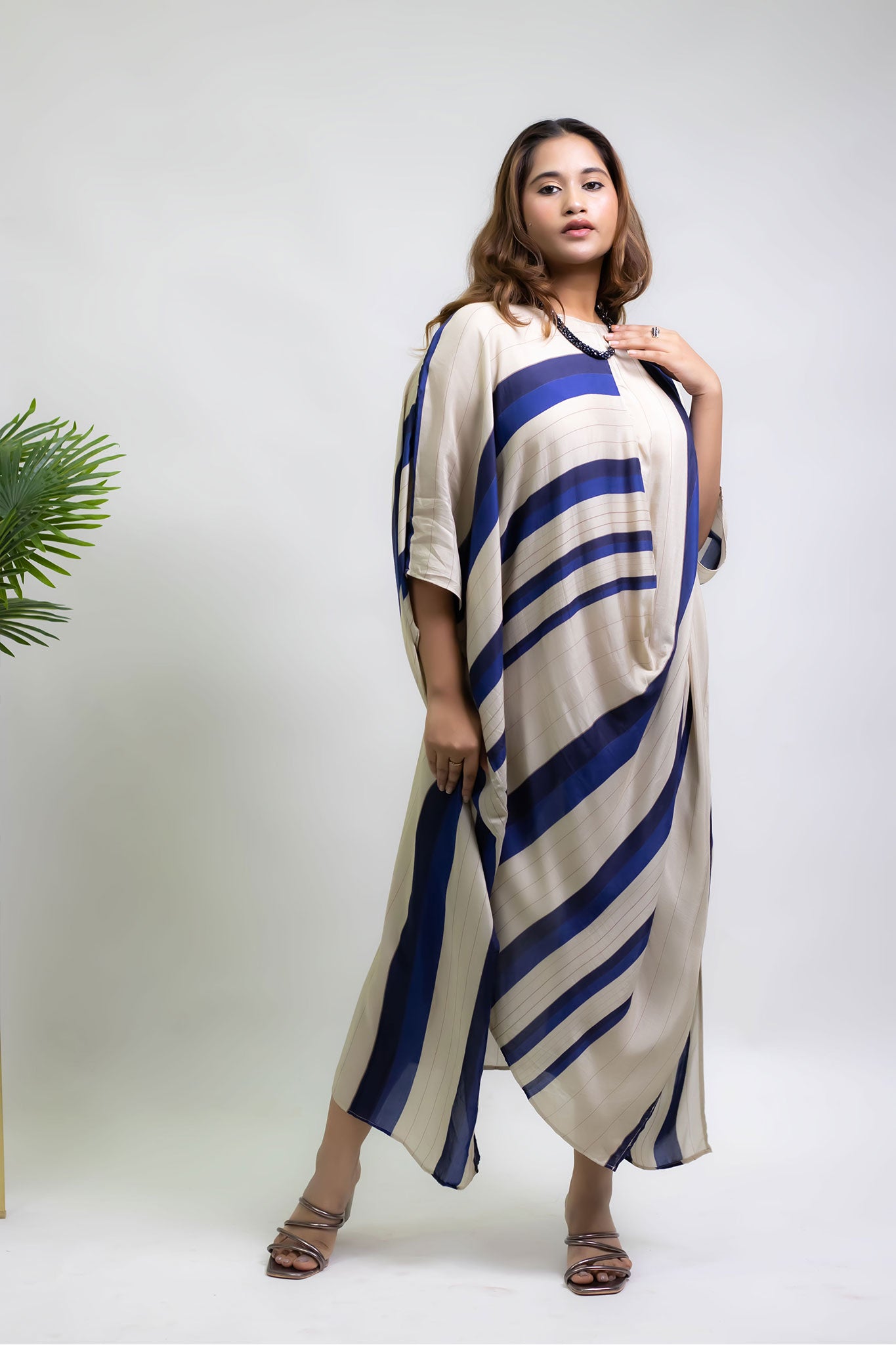 BEIGE BLUE STRIPES COWL TUNIC