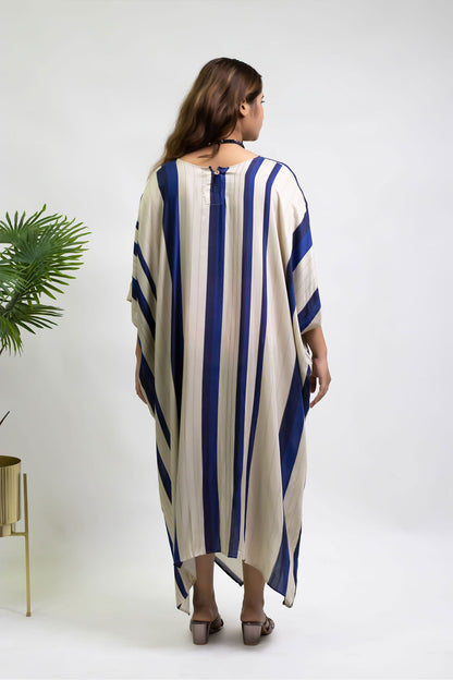 BEIGE BLUE STRIPES COWL TUNIC