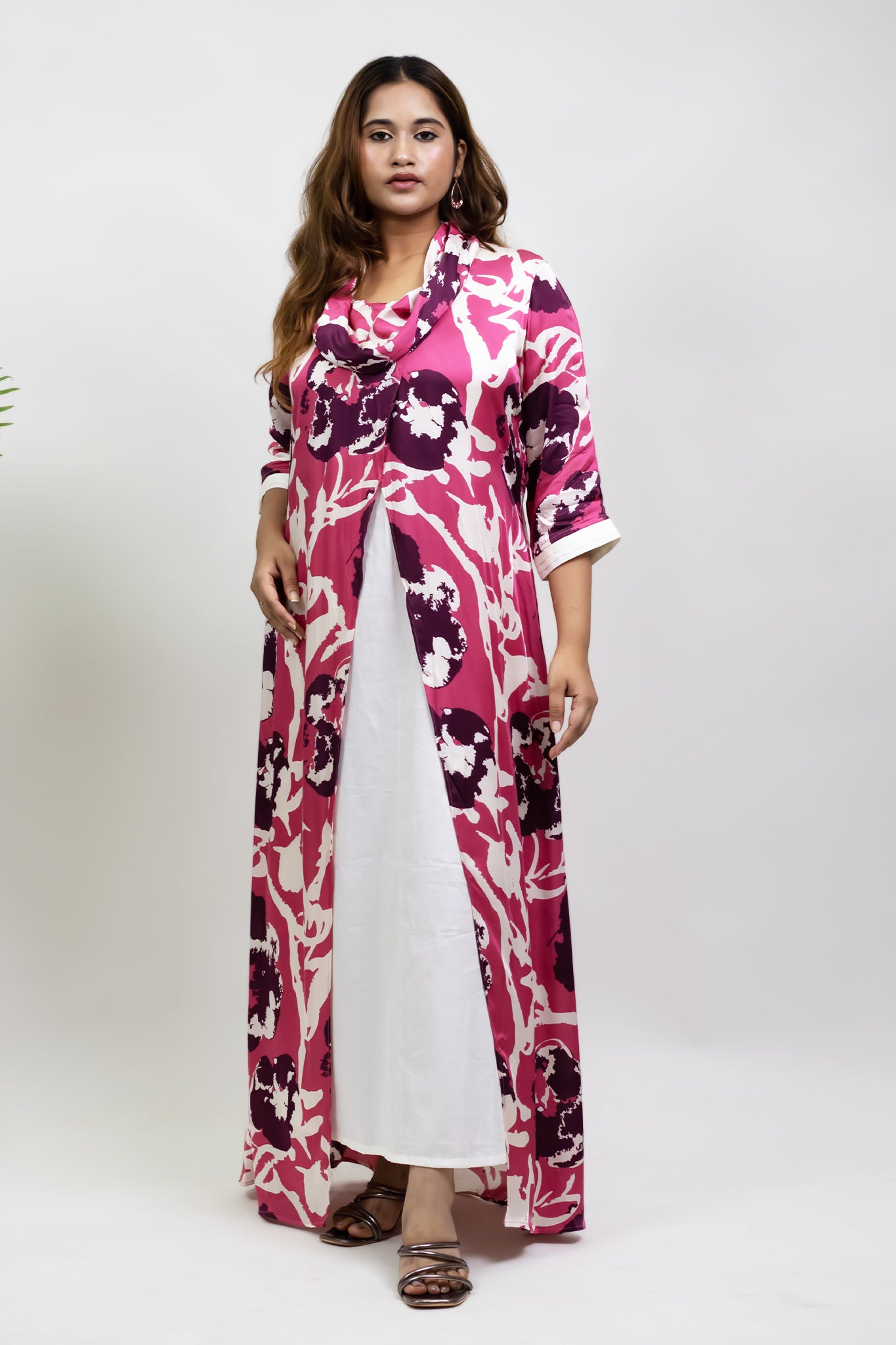 MAGENTA ABSTRACT COWL NECK DRESS