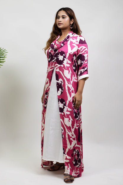 MAGENTA ABSTRACT COWL NECK DRESS