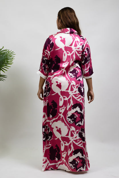 MAGENTA ABSTRACT COWL NECK DRESS