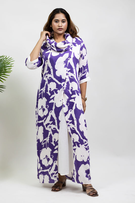 VIOLET ABSTRACT COWL NECK DRESS