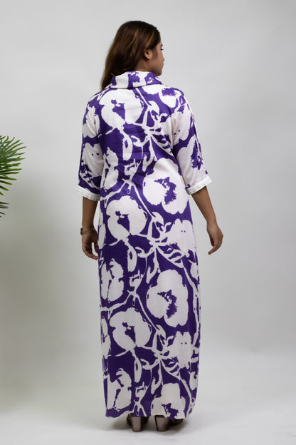 VIOLET ABSTRACT COWL NECK DRESS