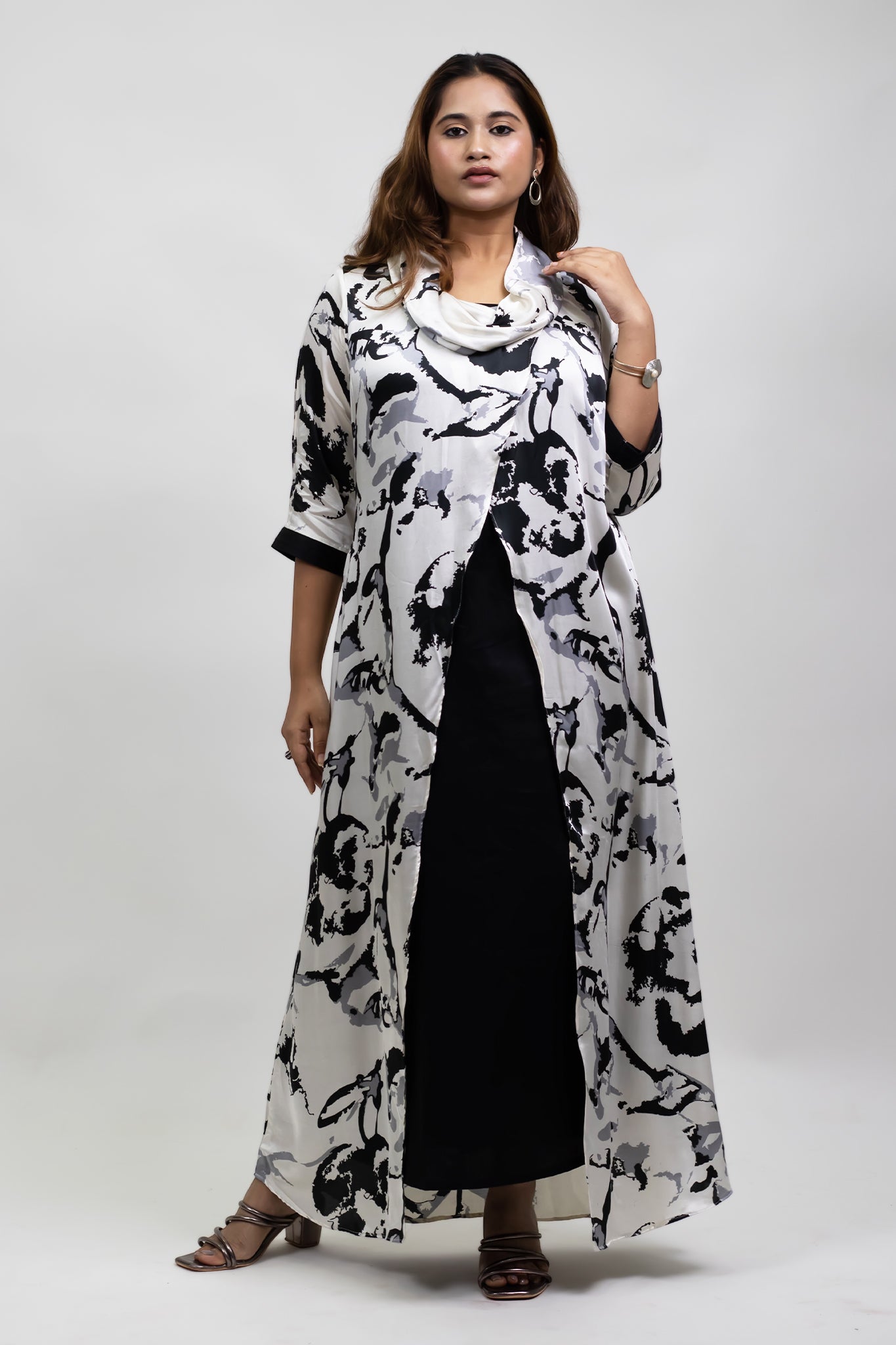 BLACK ABSTRACT COWL NECK DRESS