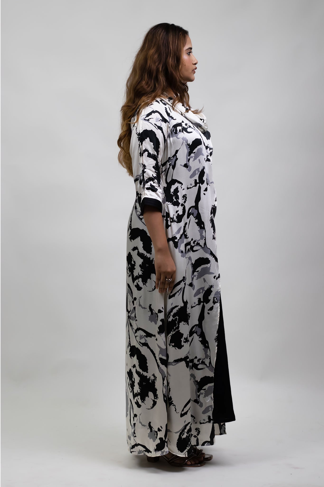 BLACK ABSTRACT COWL NECK DRESS