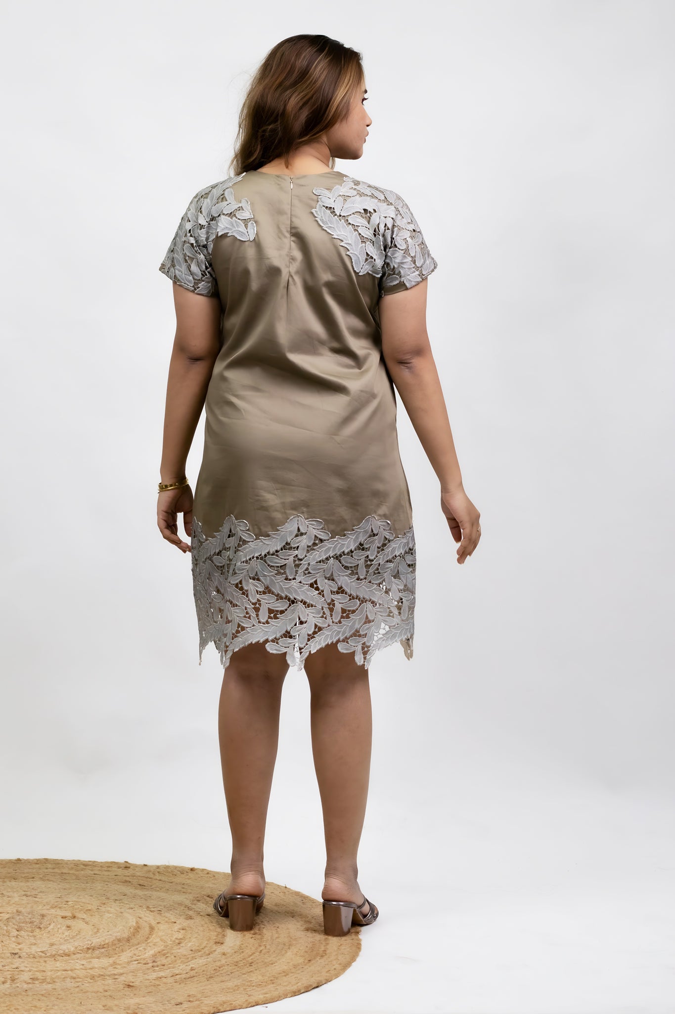 OLIVE CUTWORK KNEE-LENGTH DRESS