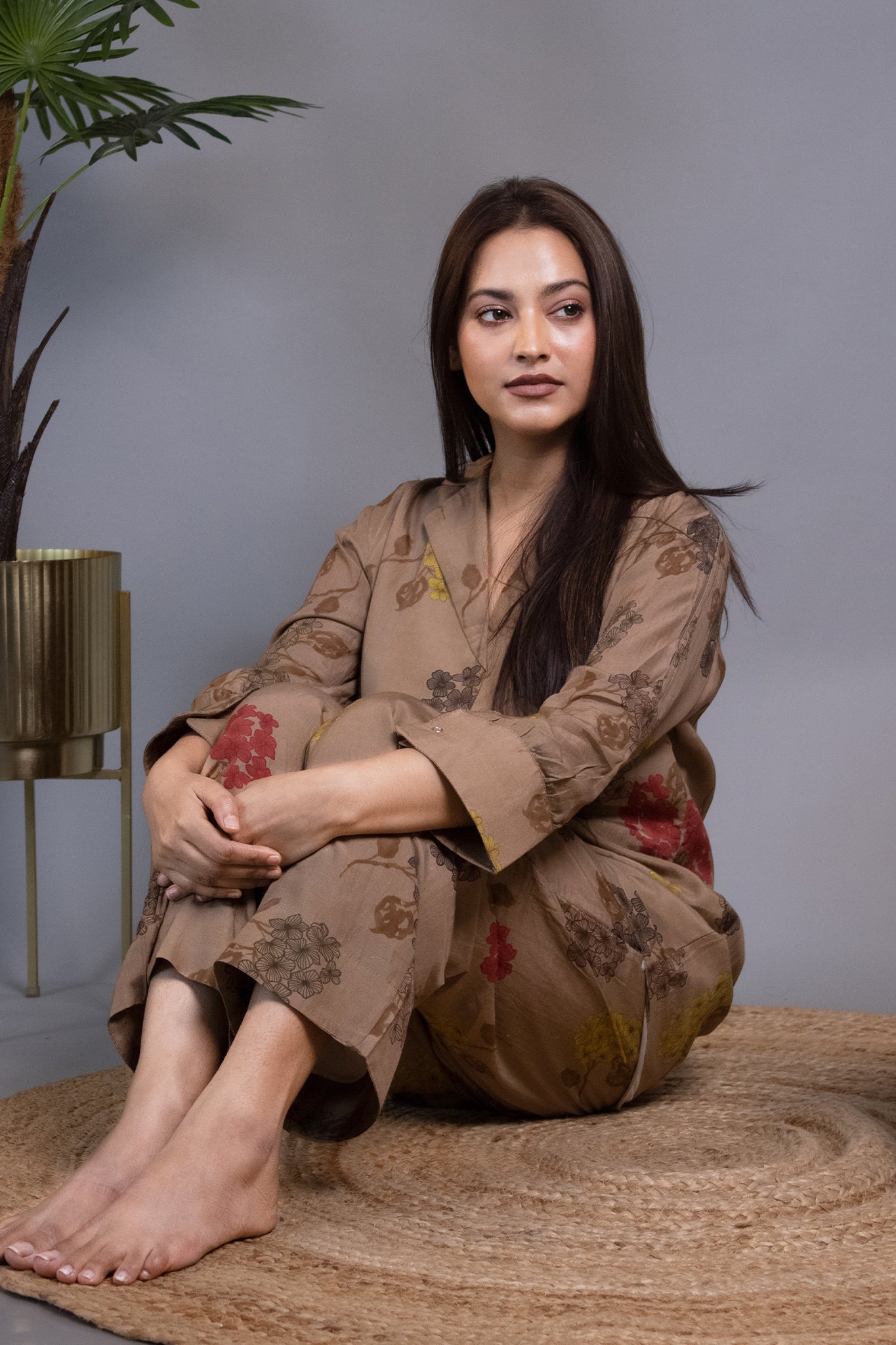 BROWN FLORAL MUSLIN CO-ORD SET