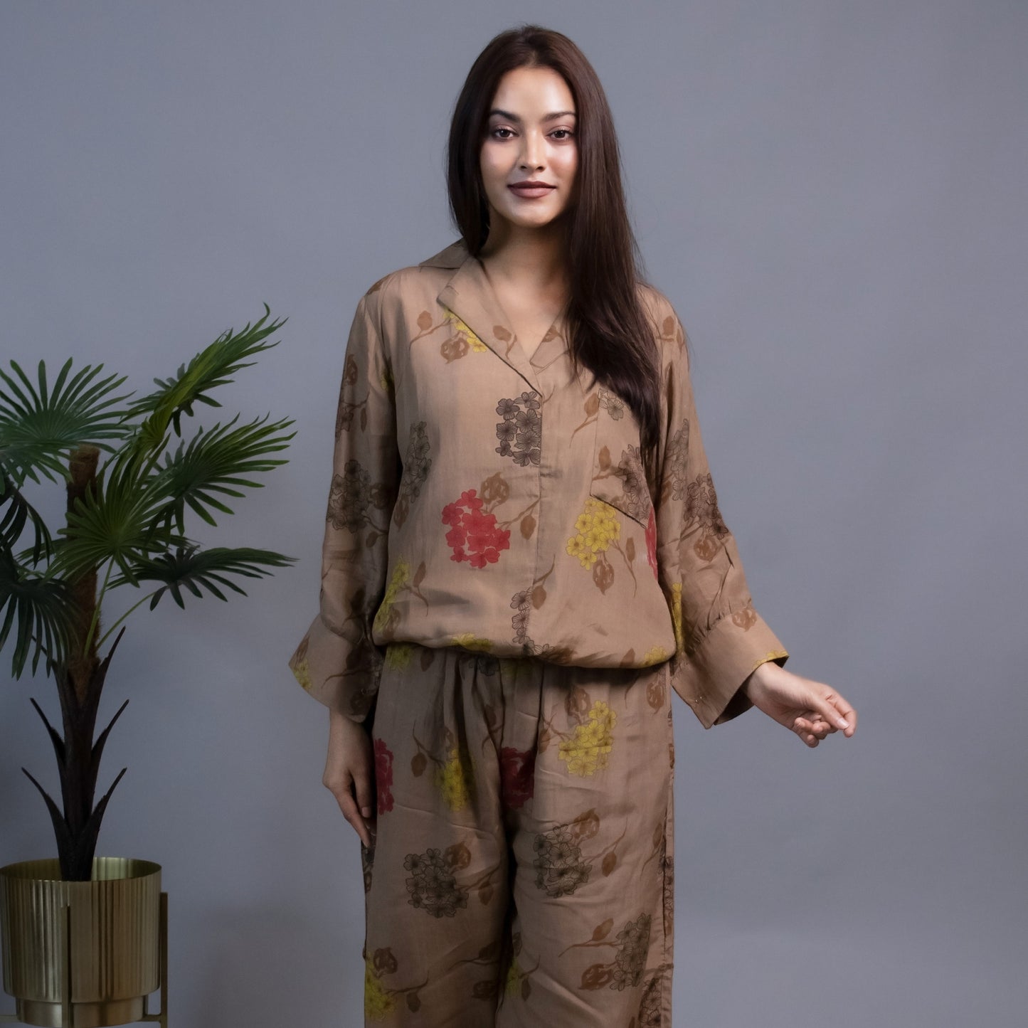BROWN FLORAL MUSLIN CO-ORD SET