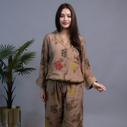 BROWN FLORAL MUSLIN CO-ORD SET