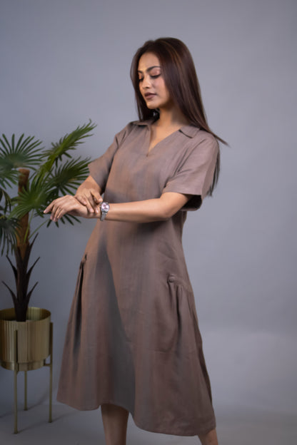 BROWN HIP GATHERS DRESS