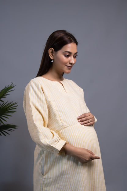 MATERNITY YELLOW STRIPED TIERED DRESS