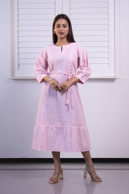 PINK SEERSUCKER STRIPED TIERED MIDI DRESS