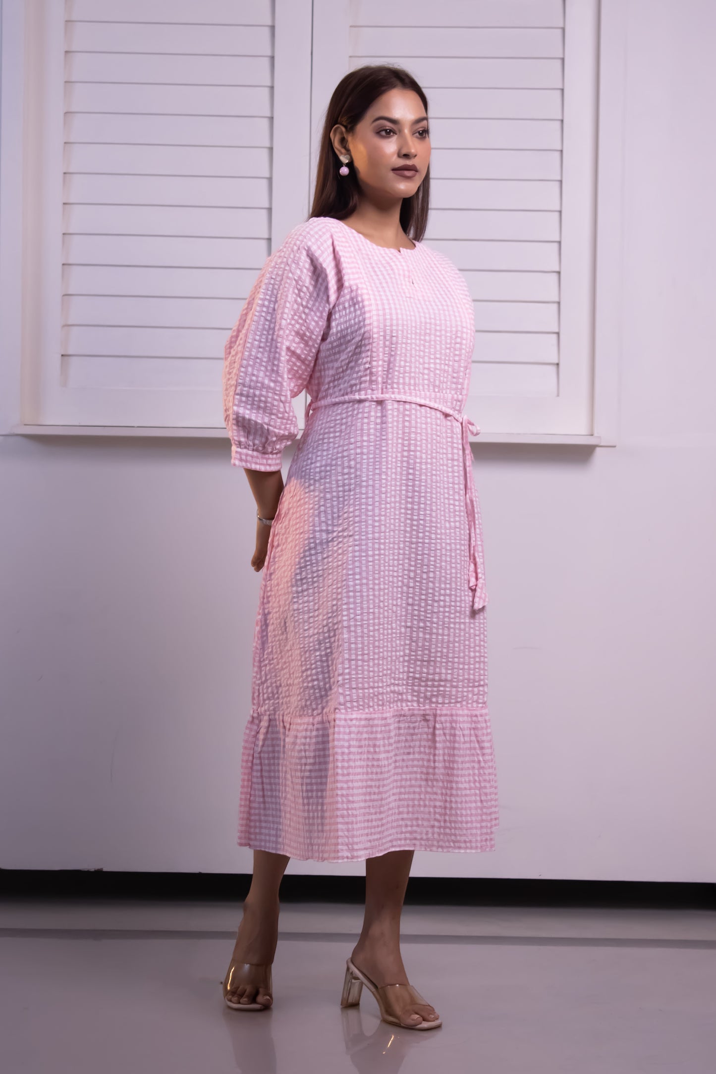 PINK SEERSUCKER STRIPED TIERED MIDI DRESS
