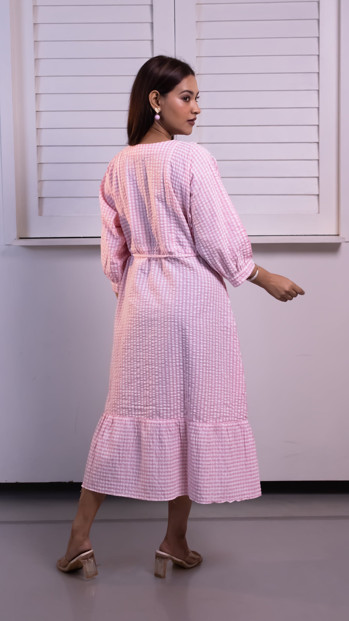 PINK SEERSUCKER STRIPED TIERED MIDI DRESS