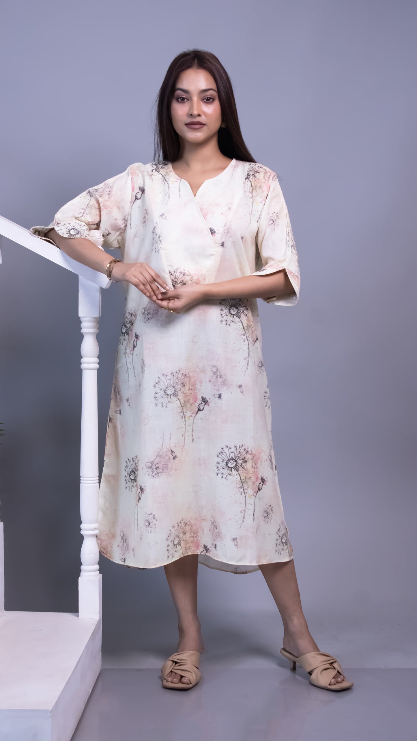 CREAM DANDELION COTTON LINEN YOLK DRESS