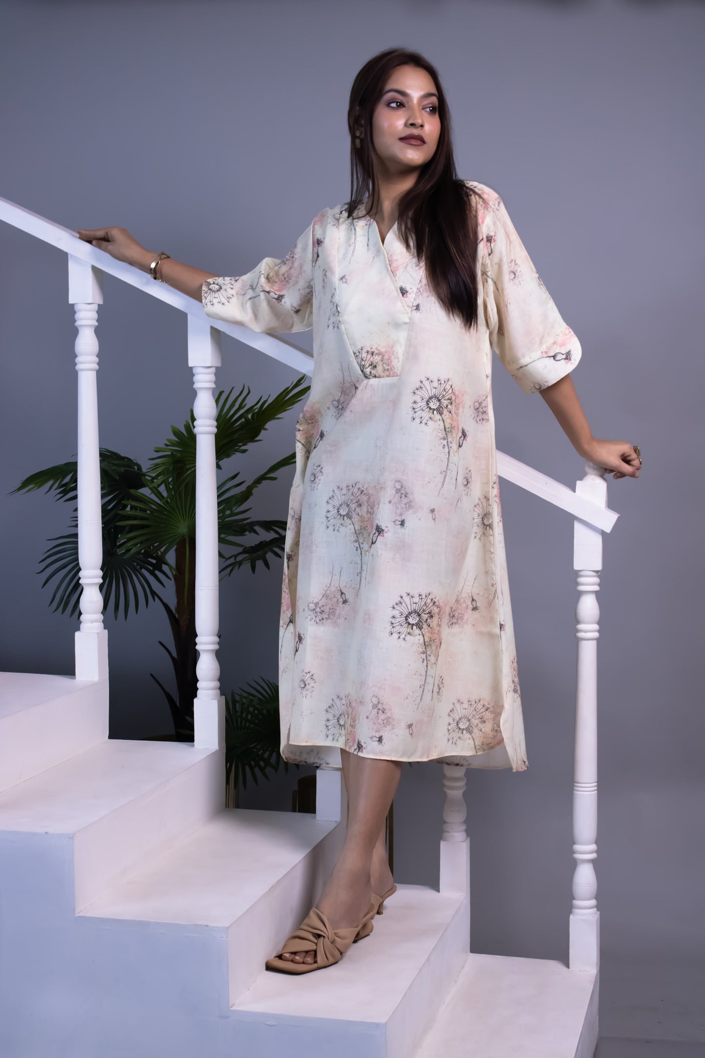 CREAM DANDELION COTTON LINEN YOLK DRESS