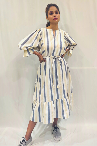 WHITE STRIPED TIERED MIDI DRESS