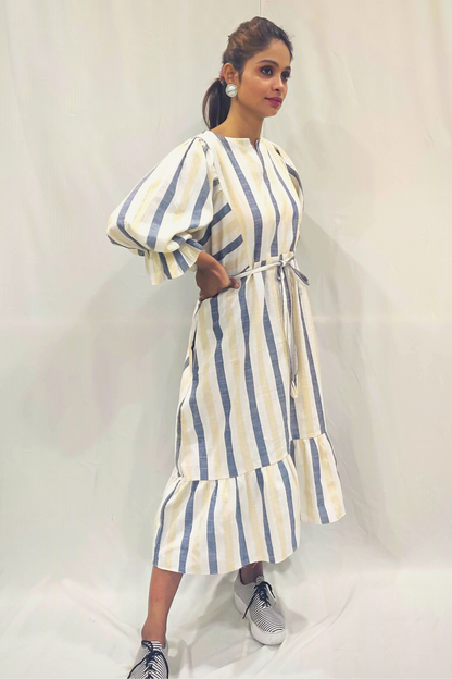 WHITE STRIPED TIERED MIDI DRESS