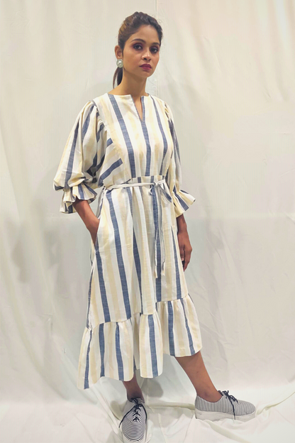 WHITE STRIPED TIERED MIDI DRESS