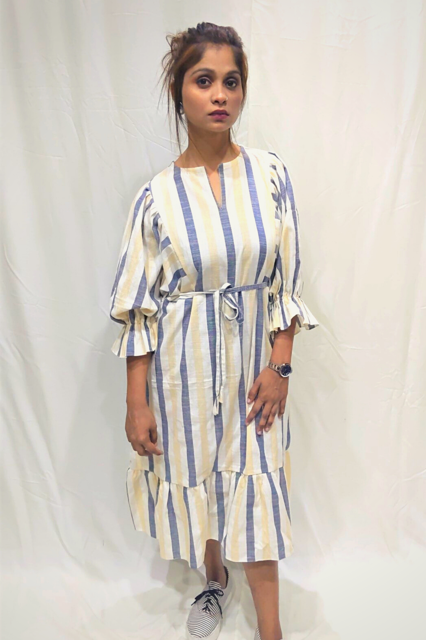 WHITE STRIPED TIERED MIDI DRESS