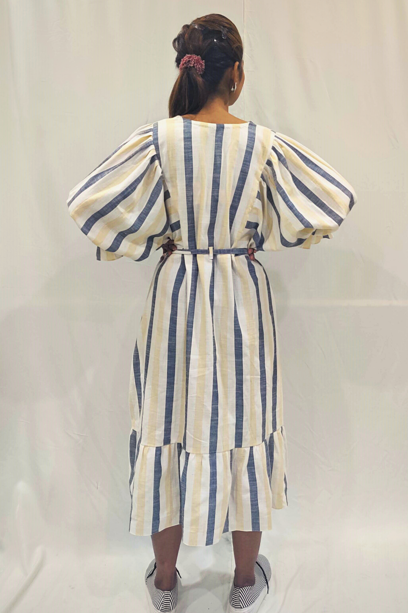 WHITE STRIPED TIERED MIDI DRESS