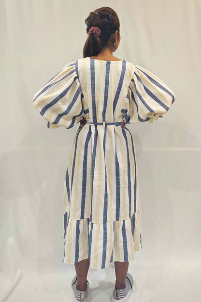 WHITE STRIPED TIERED MIDI DRESS