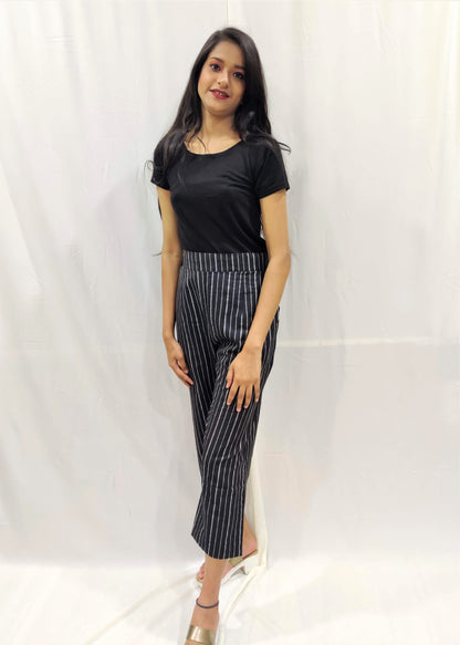 BLACK STRIPES STRAIGHT FIT CROPPED TROUSER